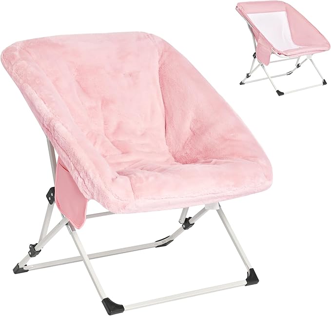 SUNNYFEEL Comfy Folding Saucer Chair for All Seasons,Removal Faux Fur Soft Chair for Adults,Reading Chair for Living Room, Bedroom, Dorm, Metal Frame Moon Chair(Pink)