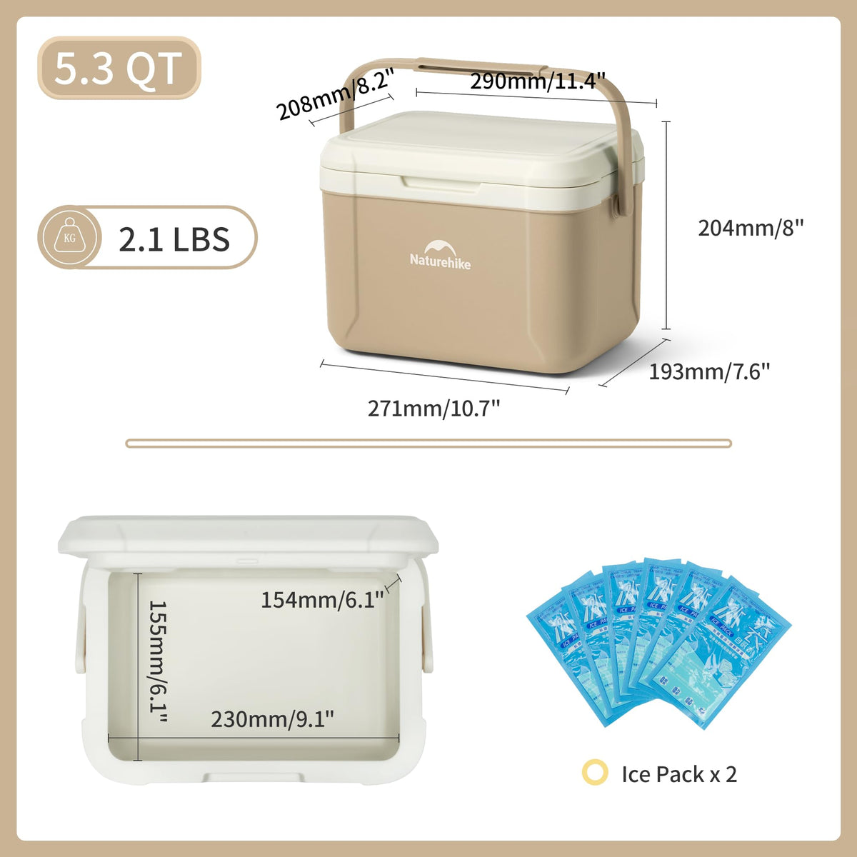 Naturehike 5.3 QT Hard Cooler, Mini Insulated Ice Chest Box, Portable Ice Retention Cooler for Beach Camping Picnic Fishing Barbecue