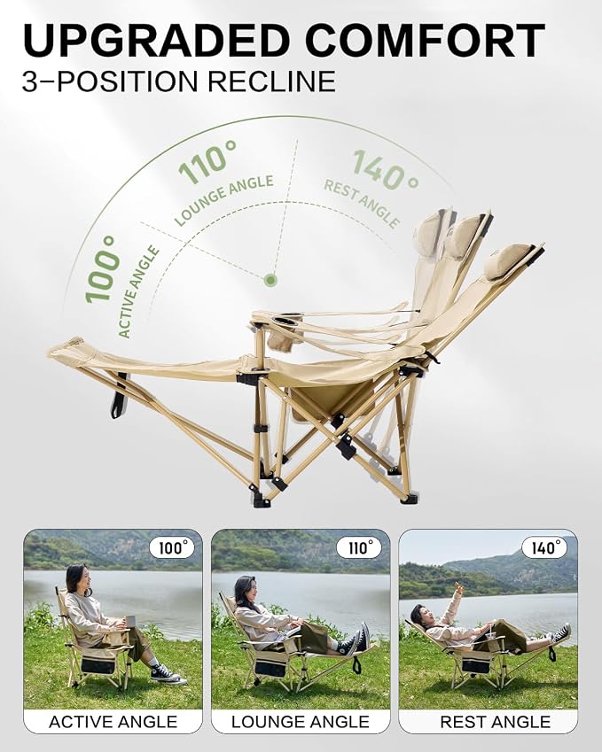 MOBI GARDEN Reclining Camping Chair with Foot Rest, 4-Position Adjustable Folding Lounge Chair for Adults, Portable & Detachable Footrest – Black - Solid Back