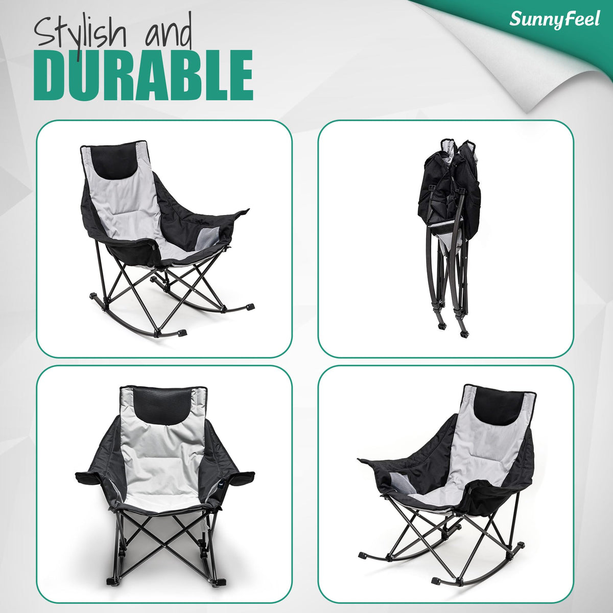 SUNNYFEEL Oversized Rocking Camping Chair, Fully Padded Patio Chair with Side Pocket, High Back Portable Lawn Recliner with Headrest, Outdoor Camp Rocker Chairs for Adults Heavy Duty 500 LBS Carry Bag
