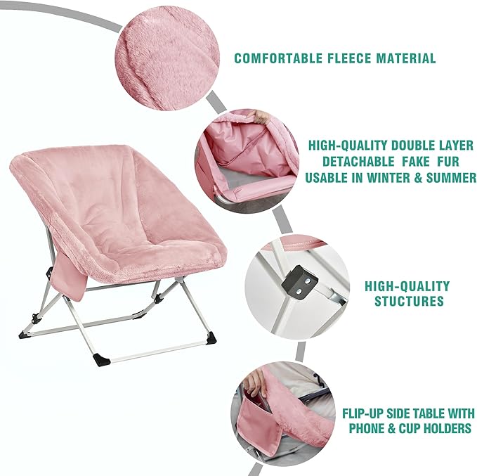 SUNNYFEEL Comfy Folding Saucer Chair for All Seasons,Removal Faux Fur Soft Chair for Adults,Reading Chair for Living Room, Bedroom, Dorm, Metal Frame Moon Chair(Pink)