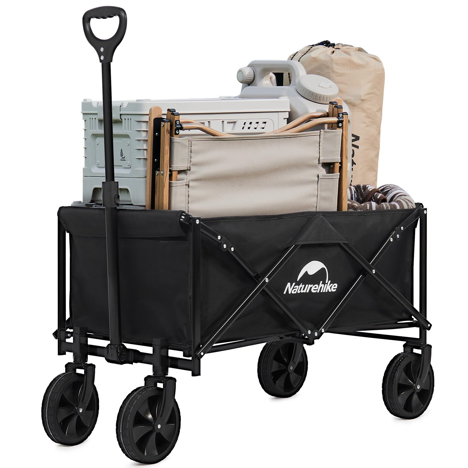 Naturehike Collapsible Wagon, 300LBS Capacity, Black Iron Steel Frame, Adjustable Aluminum Handle, All-Terrain Swivel Wheels, Garden Cart, Utility Wagon