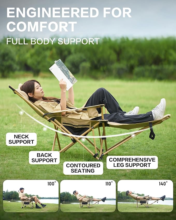 MOBI GARDEN Reclining Camping Chair with Foot Rest, 4-Position Adjustable Folding Lounge Chair for Adults, Portable & Detachable Footrest – Black - Solid Back