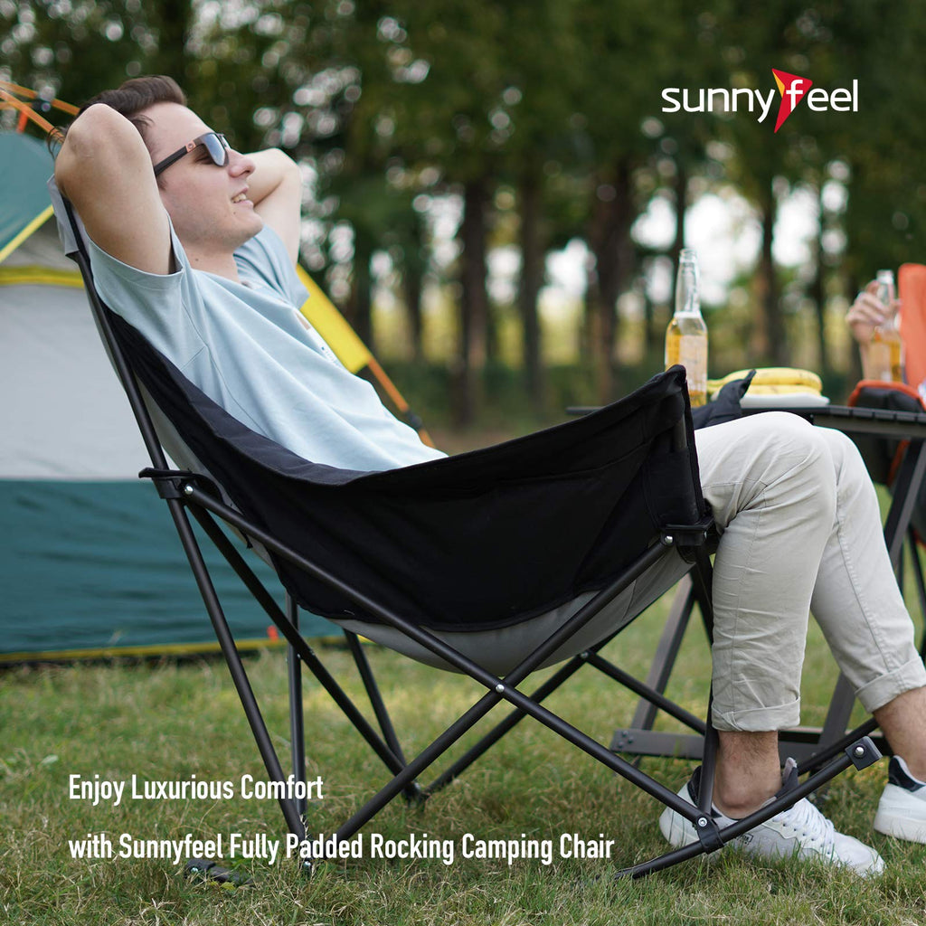 SUNNYFEEL Oversized Rocking Camping Chair, Fully Padded Patio Chair with Side Pocket, High Back Portable Lawn Recliner with Headrest, Outdoor Camp Rocker Chairs for Adults Heavy Duty 500 LBS Carry Bag