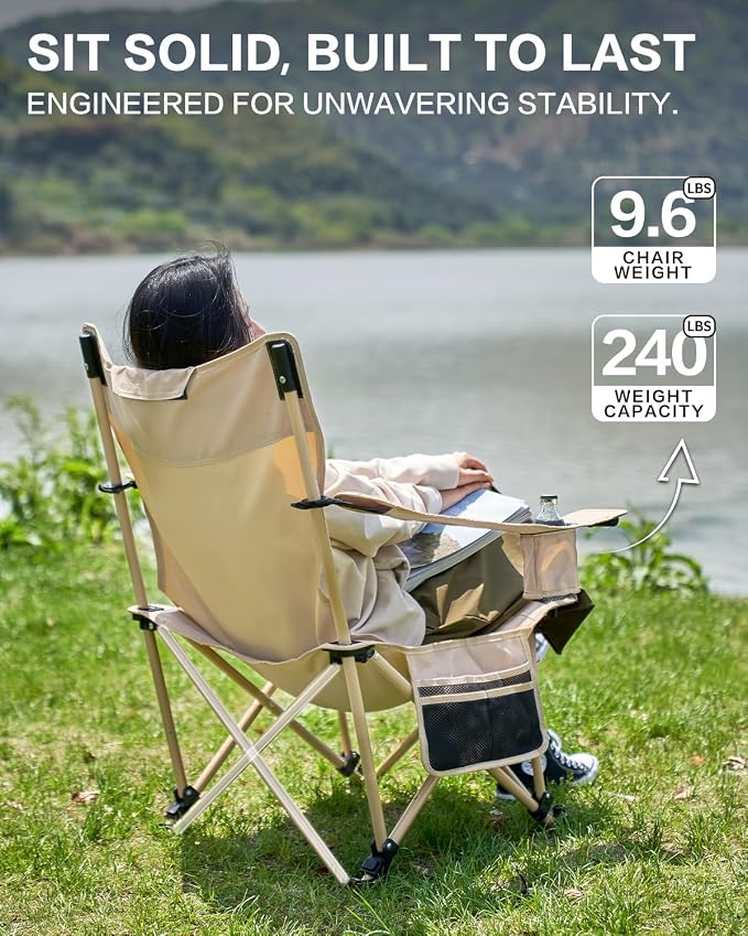 MOBI GARDEN Reclining Camping Chair with Foot Rest, 4-Position Adjustable Folding Lounge Chair for Adults, Portable & Detachable Footrest – Sand - Solid Back